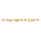 Disney "Once Upon A Time" Glitter Hanging Garland Banner Decoration, Gold/Pink, 12-ft, for Birthday Party Front_Flat