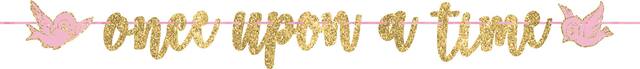 Disney "Once Upon A Time" Glitter Hanging Garland Banner Decoration, Gold/Pink, 12-ft, for Birthday Party Front_Flat