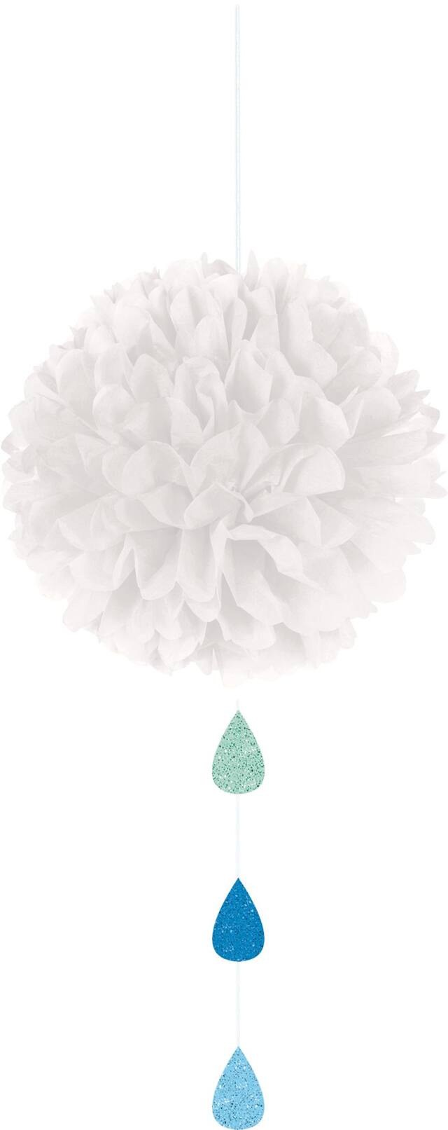 White Cloud Tissue Pom-Poms with Glitter Raindrops, 3-pc Front_Flat