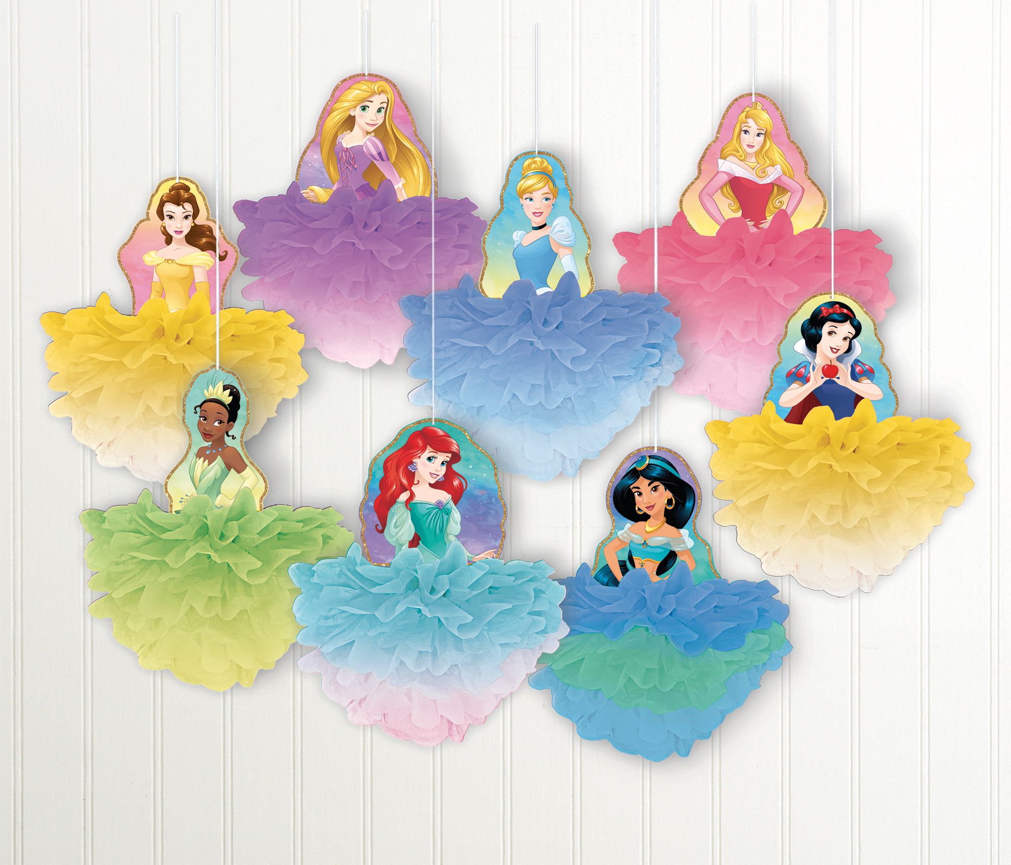 Disney Princess Once Upon A Time Belle/Cinderella/Jasmine Tissue Pom Pom Hanging Sign Decorations, Blue/Pink/Purple, 12-in, 8-pk, for Birthday Party Front_Flat