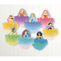 Disney Princess Once Upon A Time Belle/Cinderella/Jasmine Tissue Pom Pom Hanging Sign Decorations, Blue/Pink/Purple, 12-in, 8-pk, for Birthday Party Front_Flat
