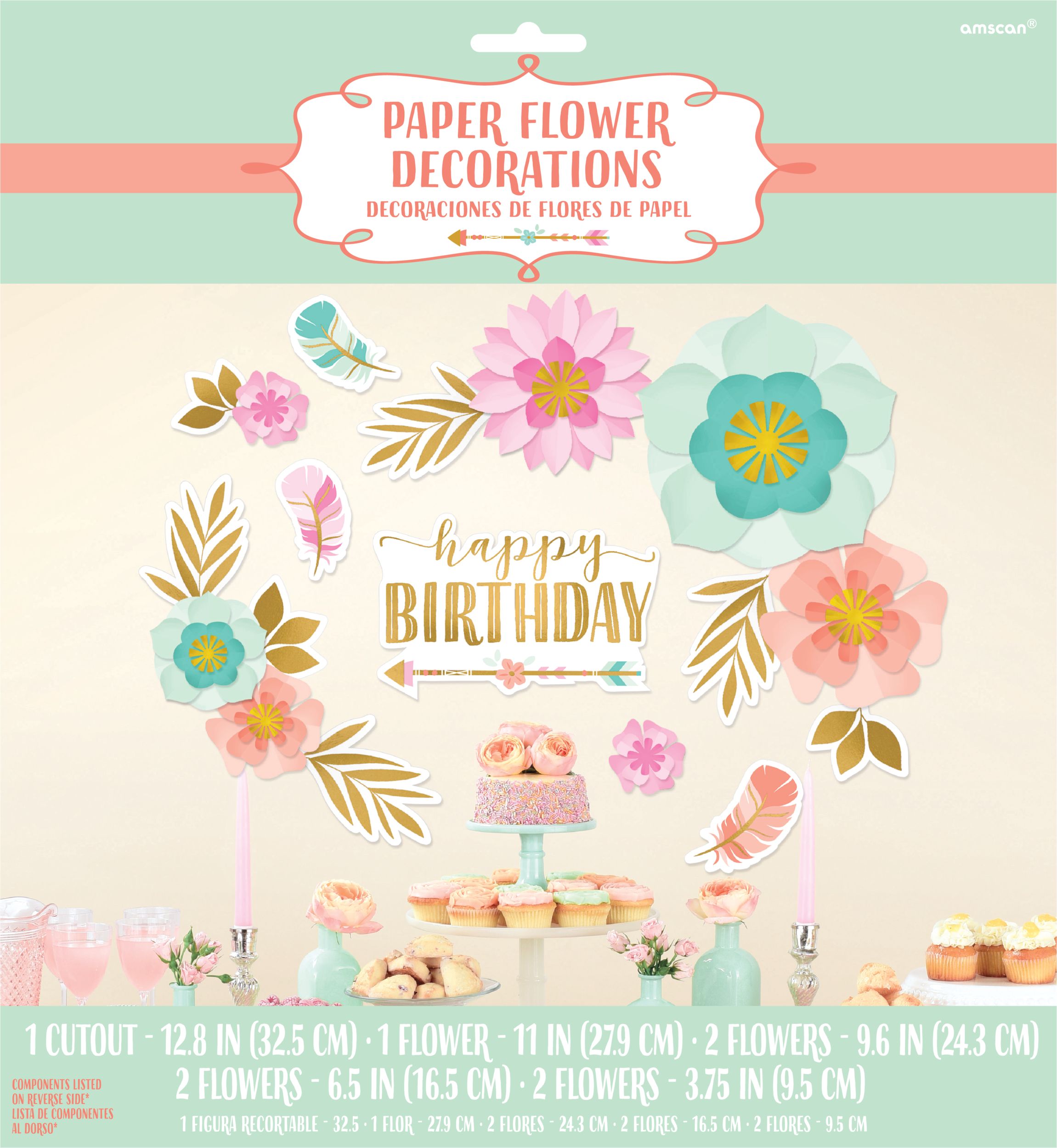 Boho Girl Birthday Party Cutout Decorations, Gold/Pink/Teal, 8-pc Front_Flat