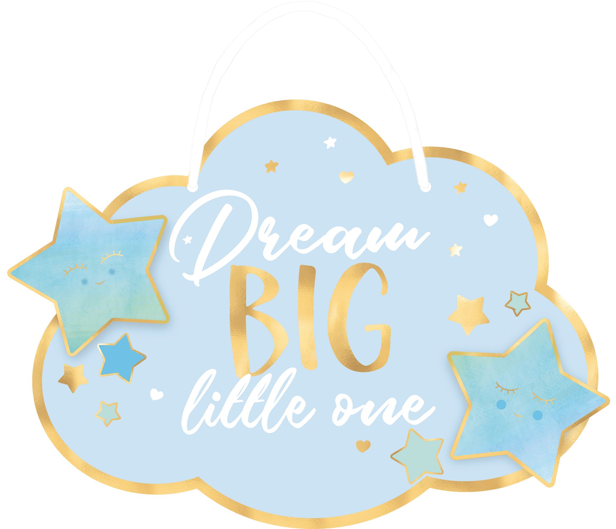 "Dream Big Little One" Hanging Sign Decoration, Blue/Gold, 13.5-in, for Baby Shower Front_Flat