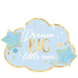 "Dream Big Little One" Hanging Sign Decoration, Blue/Gold, 13.5-in, for Baby Shower Front_Flat