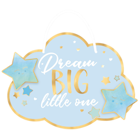 "Dream Big Little One" Hanging Sign Decoration, Blue/Gold, 13.5-in, for Baby Shower Front_Flat