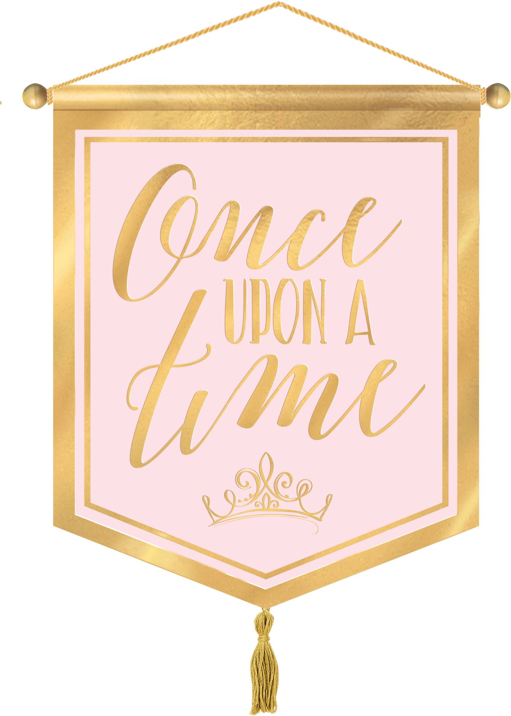 Disney Princess Once Upon A Time Hanging Sign Decoration, Pink/Gold, 13.75-in, for Birthday Party Front_Flat