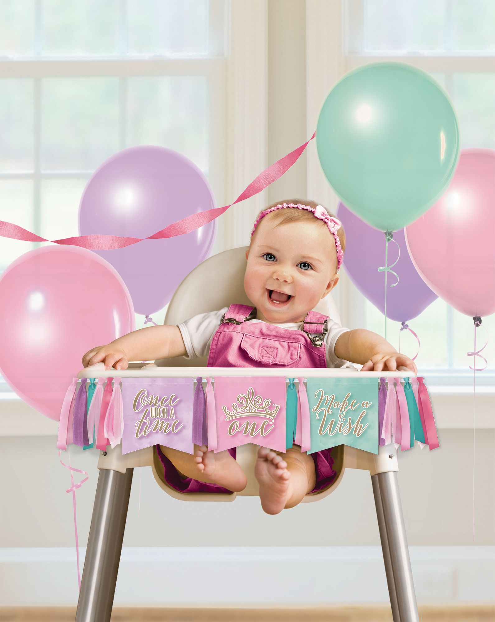 Disney Princess Once Upon A Time "One" High Chair Pennant Hanging Sign Decoration Pink/Blue/Purple, 38-in, for Birthday Party Front_Flat