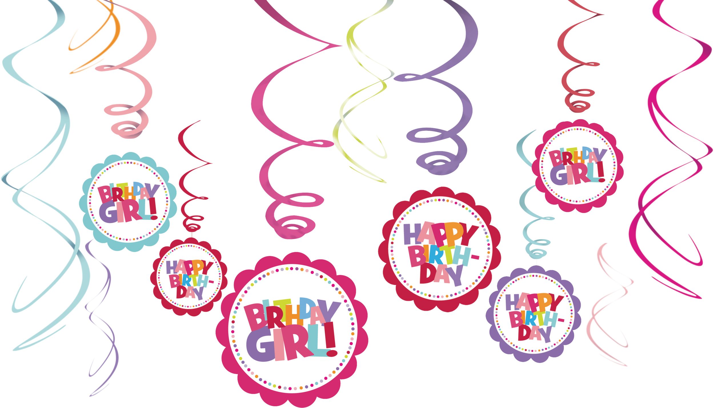 Hanging Swirl Birthday Party Decorations features Birthday Girl message,  12-pc