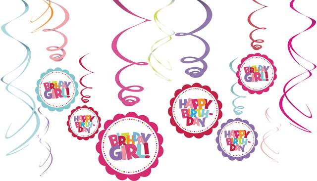 Hanging Swirl Birthday Party Decorations features "Birthday Girl" message, 12-pc Front_Flat