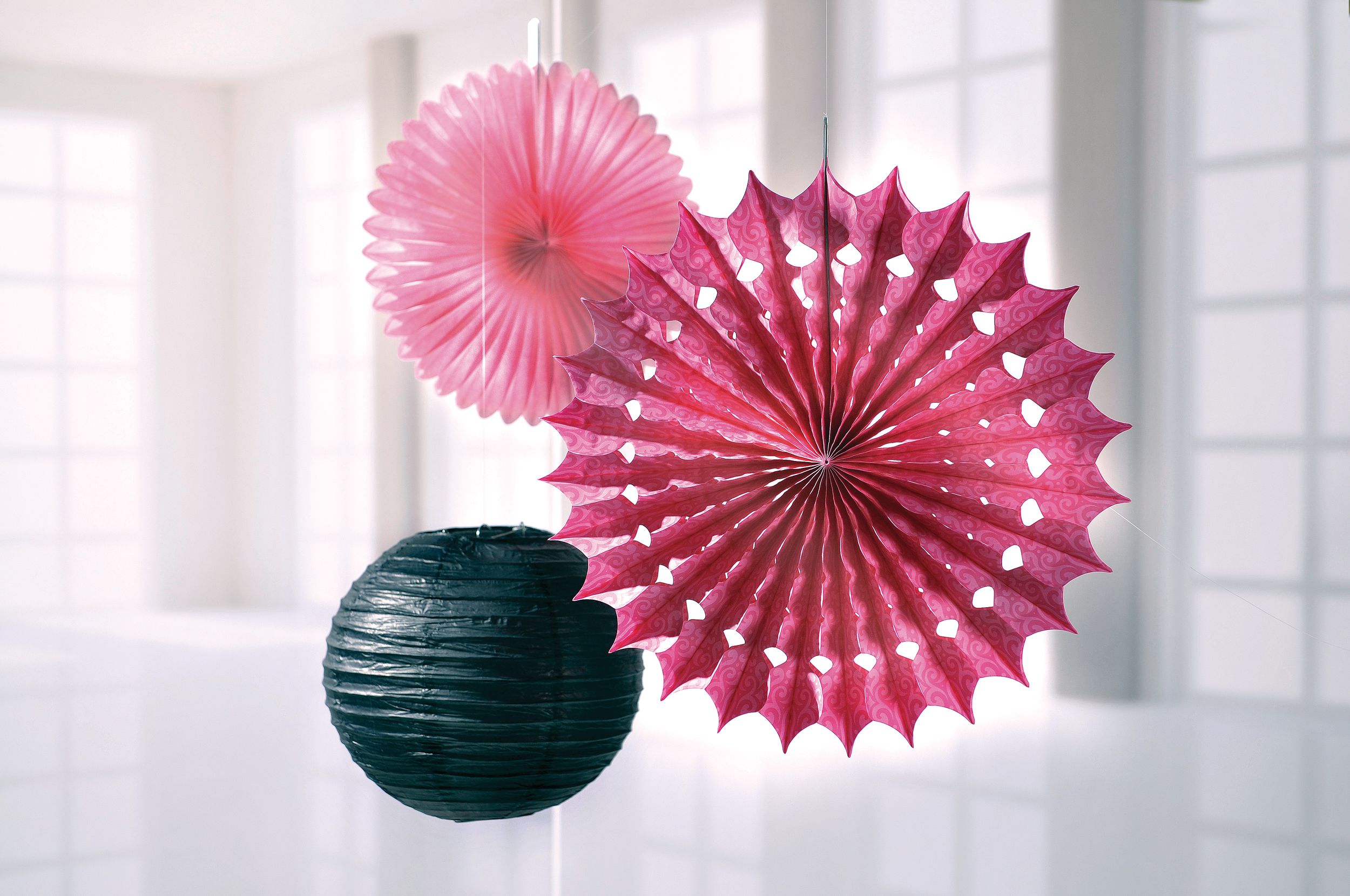 Black  White Damask Paper Lanterns, 3-pc Front_Flat