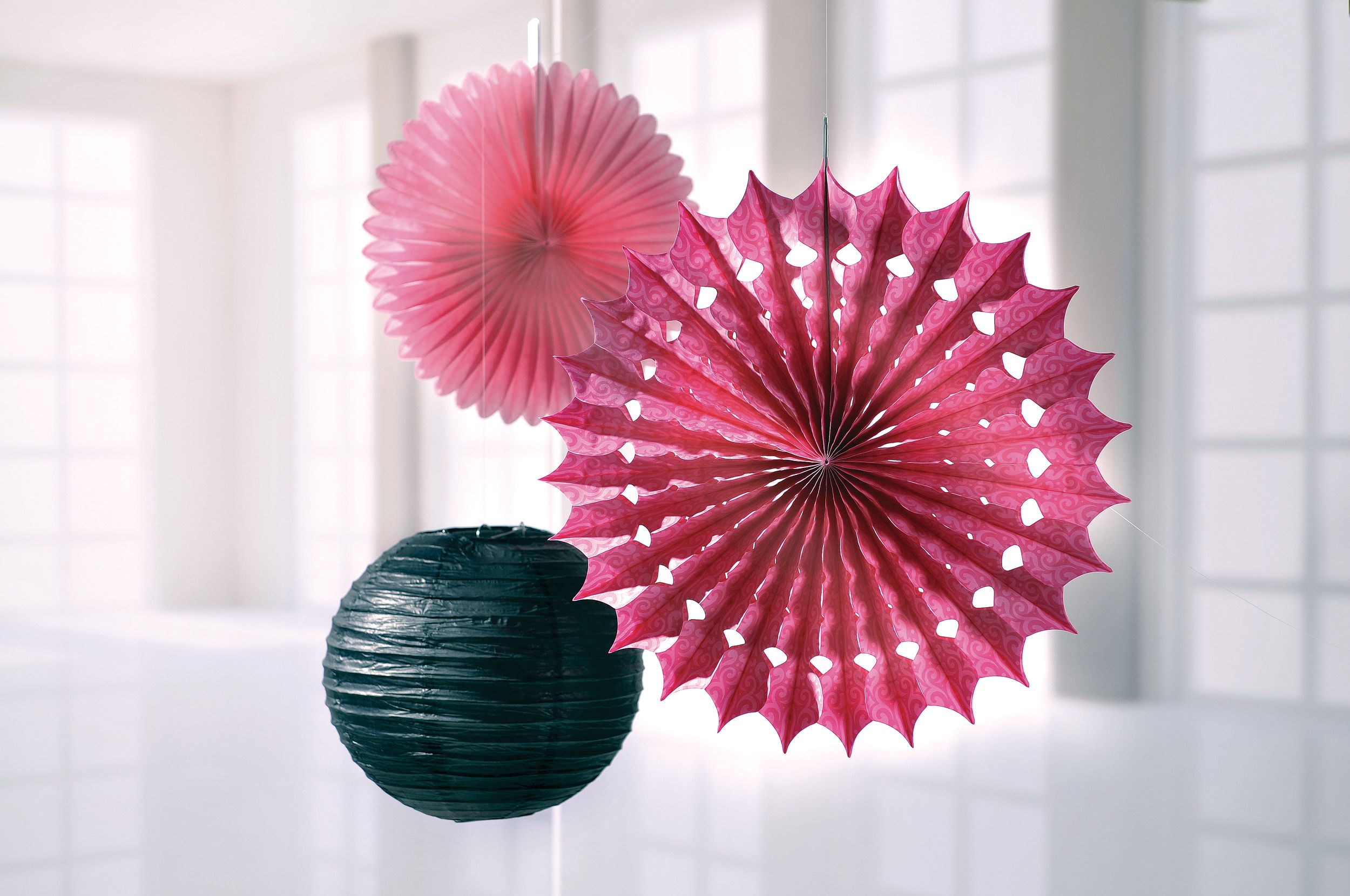 Black  White Damask Paper Lanterns, 3-pc Front_Flat