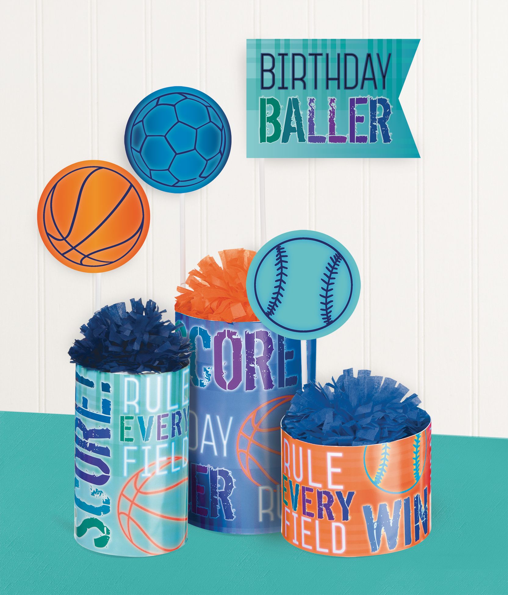 "Birthday Baller" Sign Table Centerpiece Decorations, Orange/Blue, 12-in, 3-pk, for Birthday Party Front_Elevated