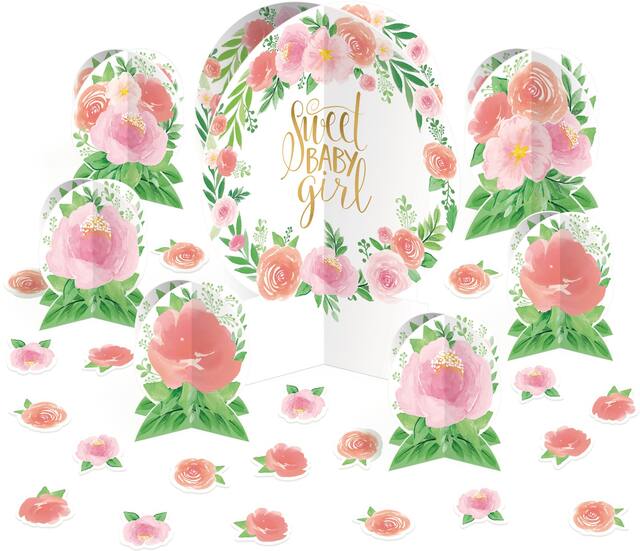 Floral Baby "Sweet Baby Girl" Table Decorating Kit Centerpieces with Confetti, Pink/Green, 10-in, 27-pk, for Baby Shower Front_Elevated