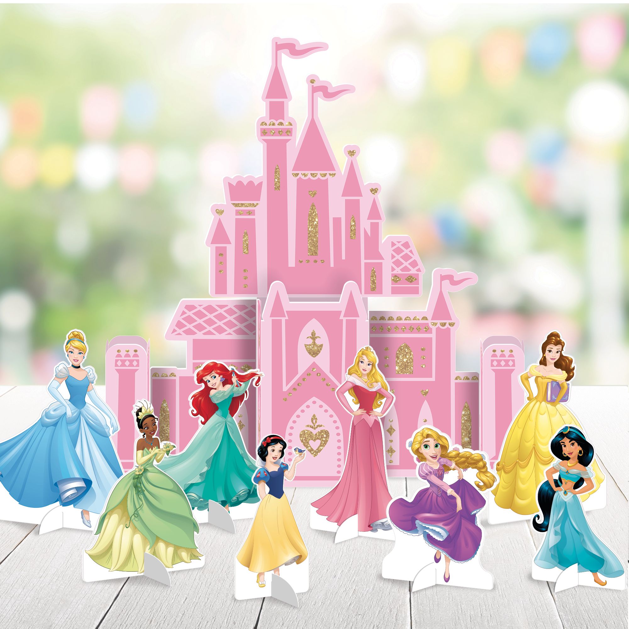 Disney Princess Once Upon A Time Cinderella/Snow White/Jasmine Table Decorating Kit Centerpieces, Pink, 15-in, 9-pk, for Birthday Party Front_Flat
