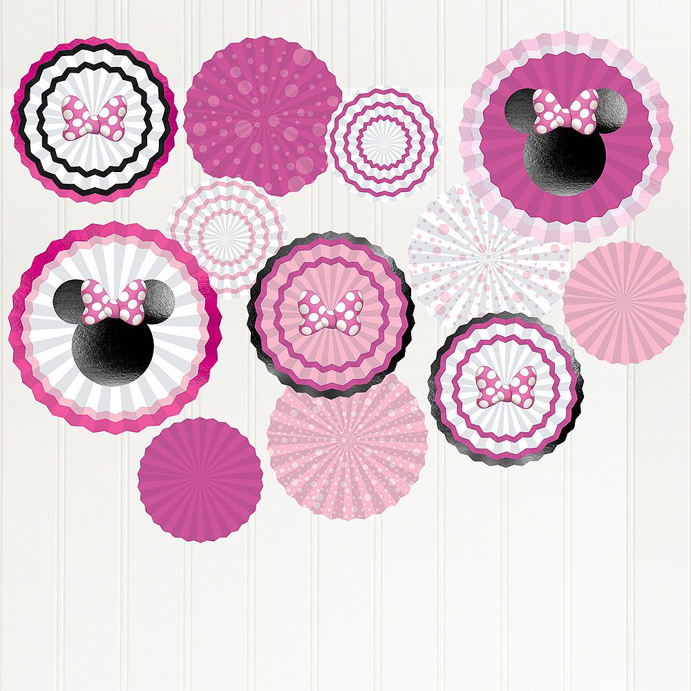 Disney Minnie Mouse Fan Hanging Sign Decorations, Pink, 15.75-in, 17-pk, for Birthday Party Front_Flat