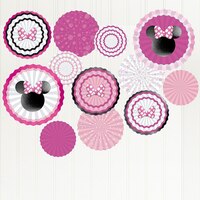 Disney Minnie Mouse Fan Hanging Sign Decorations, Pink, 15.75-in, 17-pk, for Birthday Party