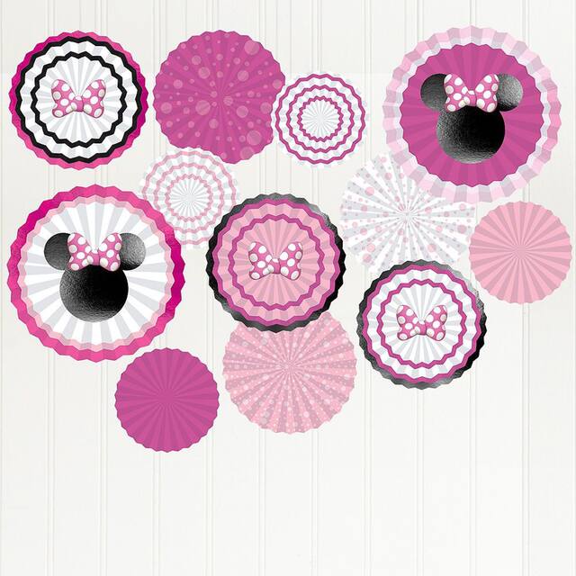 Disney Minnie Mouse Fan Hanging Sign Decorations, Pink, 15.75-in, 17-pk, for Birthday Party Front_Flat