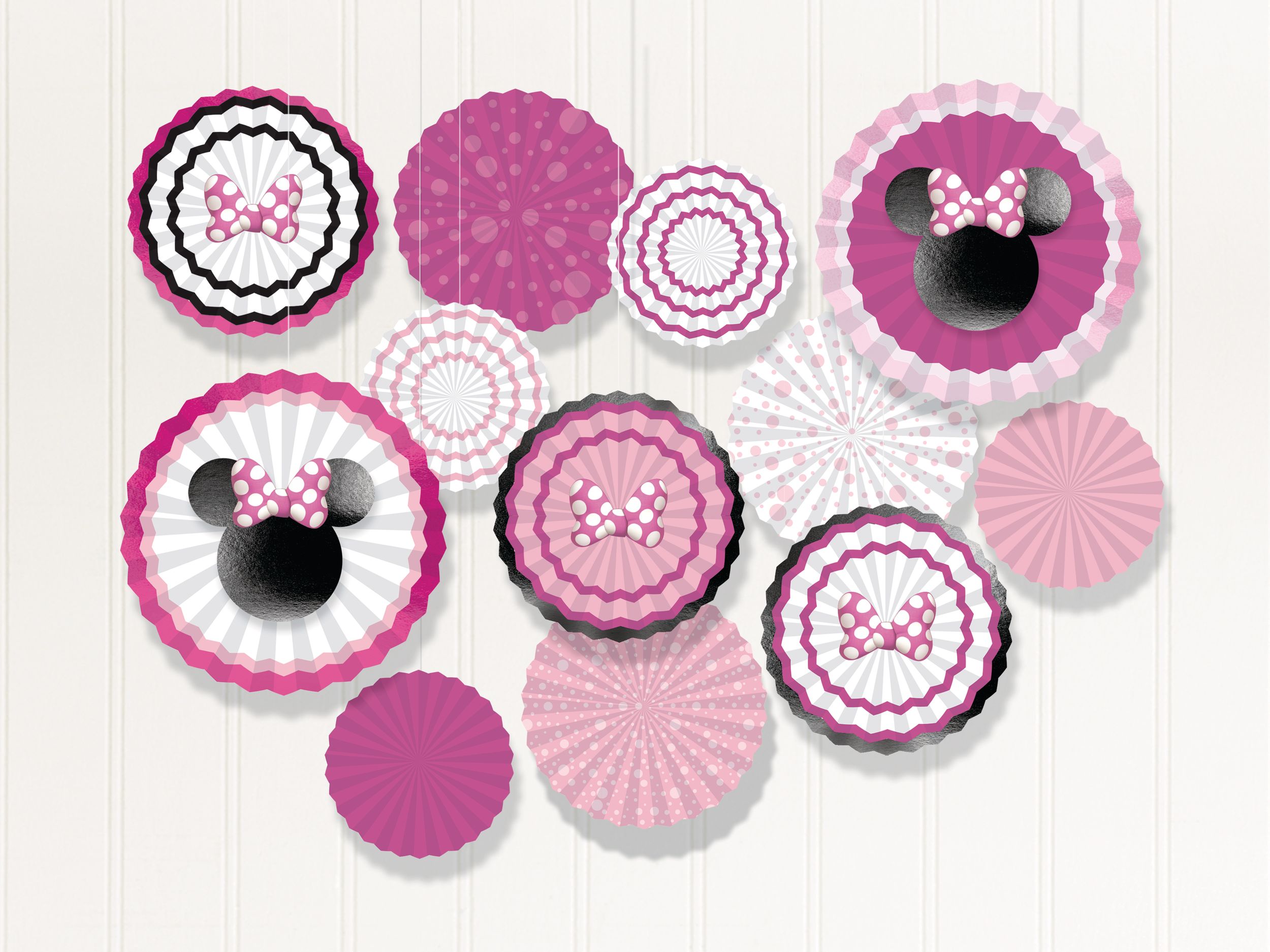 Disney Minnie Mouse Fan Hanging Sign Decorations, Pink, 15.75-in, 17-pk, for Birthday Party Front_Flat