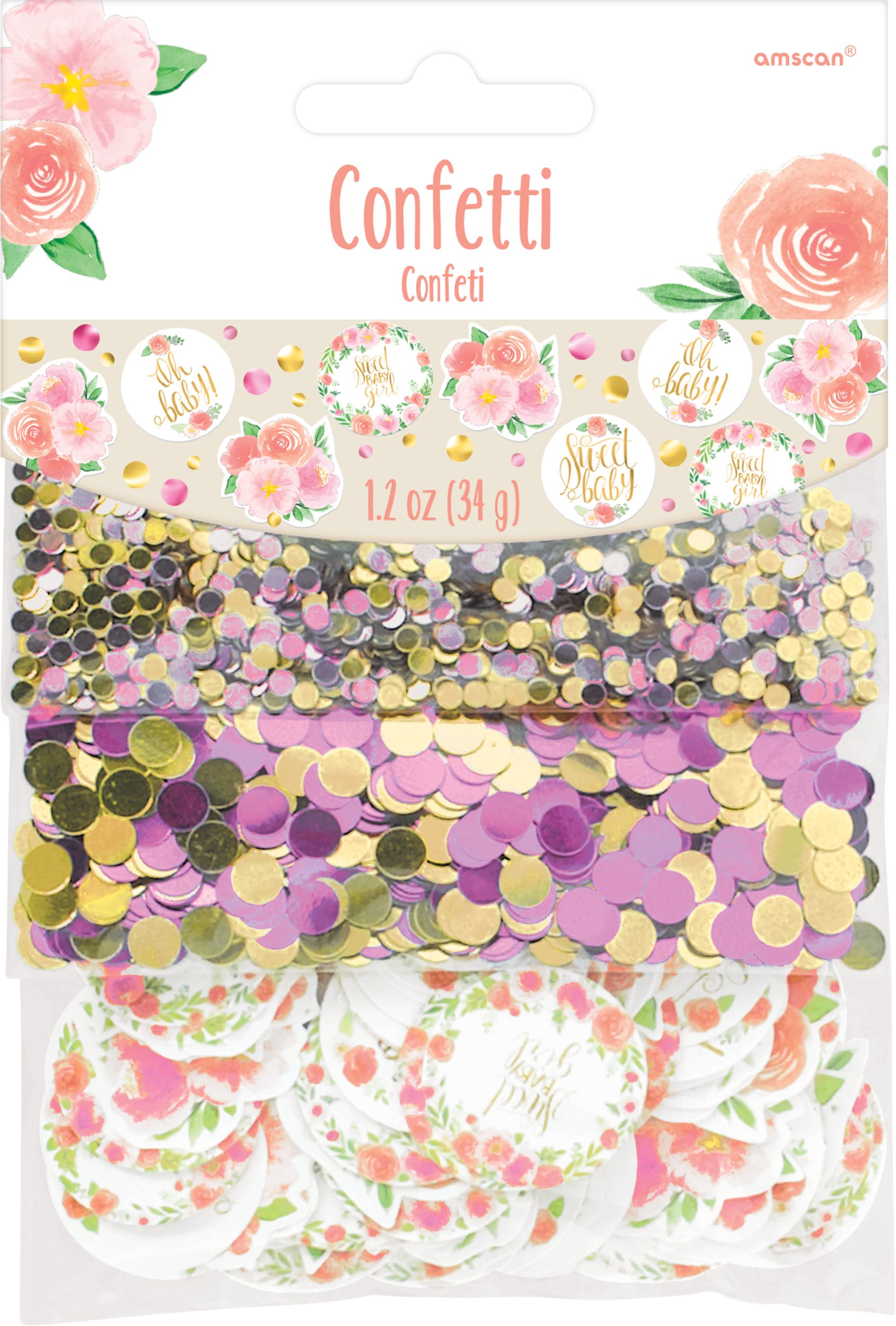 Floral Baby "Oh Baby" Round Confetti Table Scatter Decoration, Purple/Pink/Gold, 1.2-oz, for Baby Shower Front_Flat