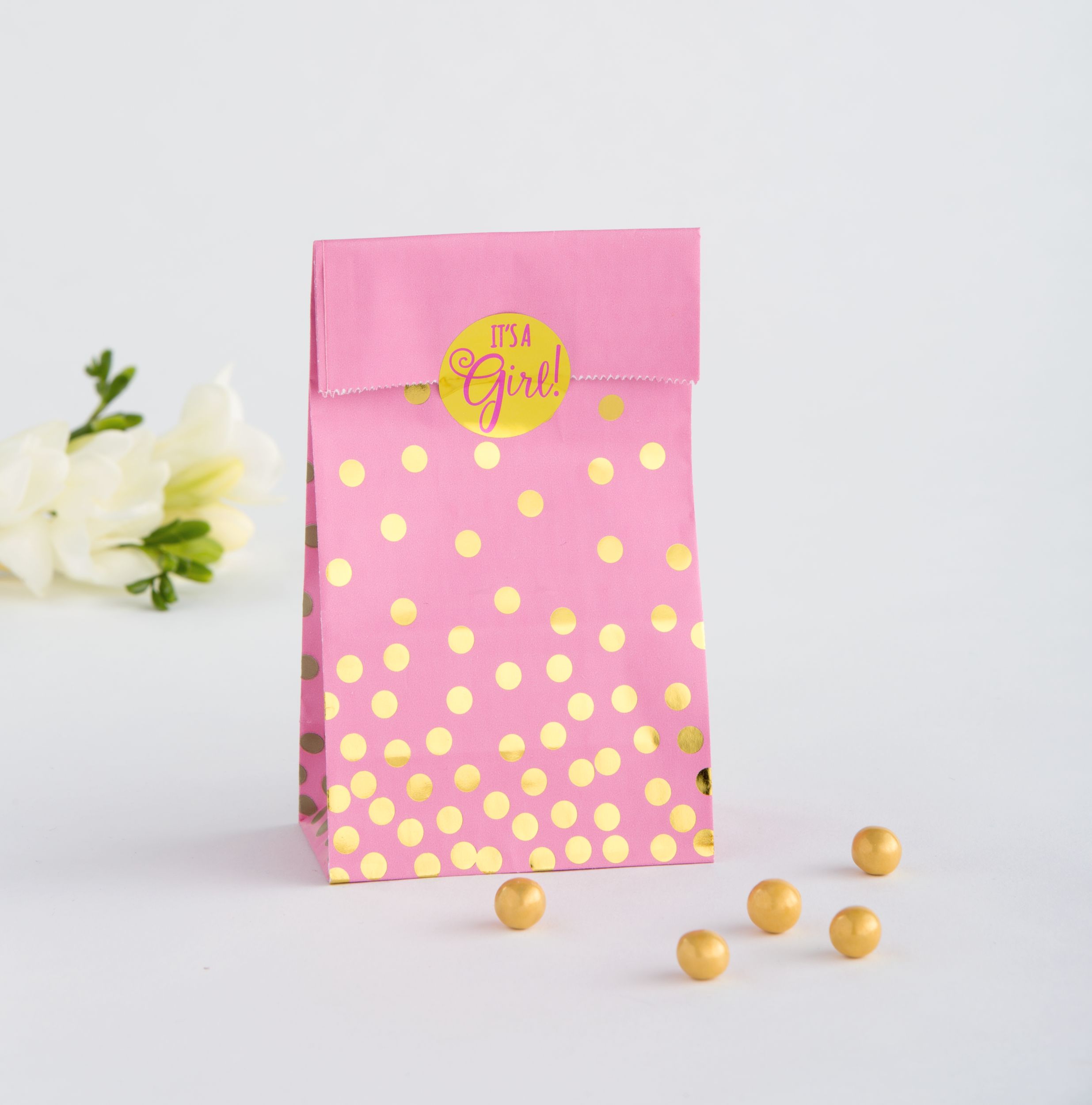 "It's a Girl" Rectangle Paper Party Treat Bags, Pink/Gold, Polka Dots, 6.5-in, 20-pk, for Gender Reveal/Baby Shower Front_Angled_Right