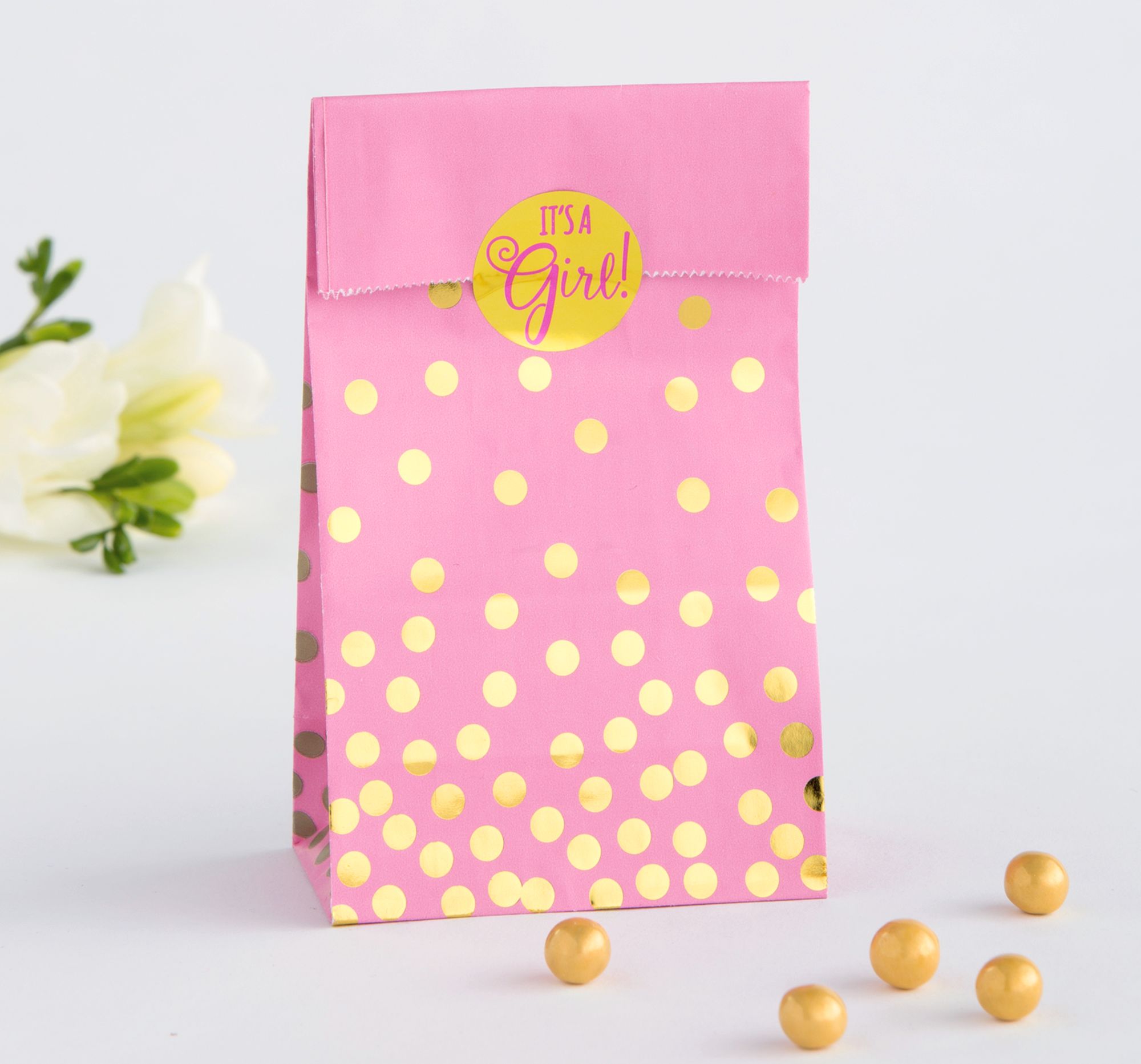 "It's a Girl" Rectangle Paper Party Treat Bags, Pink/Gold, Polka Dots, 6.5-in, 20-pk, for Gender Reveal/Baby Shower Front_Angled_Right