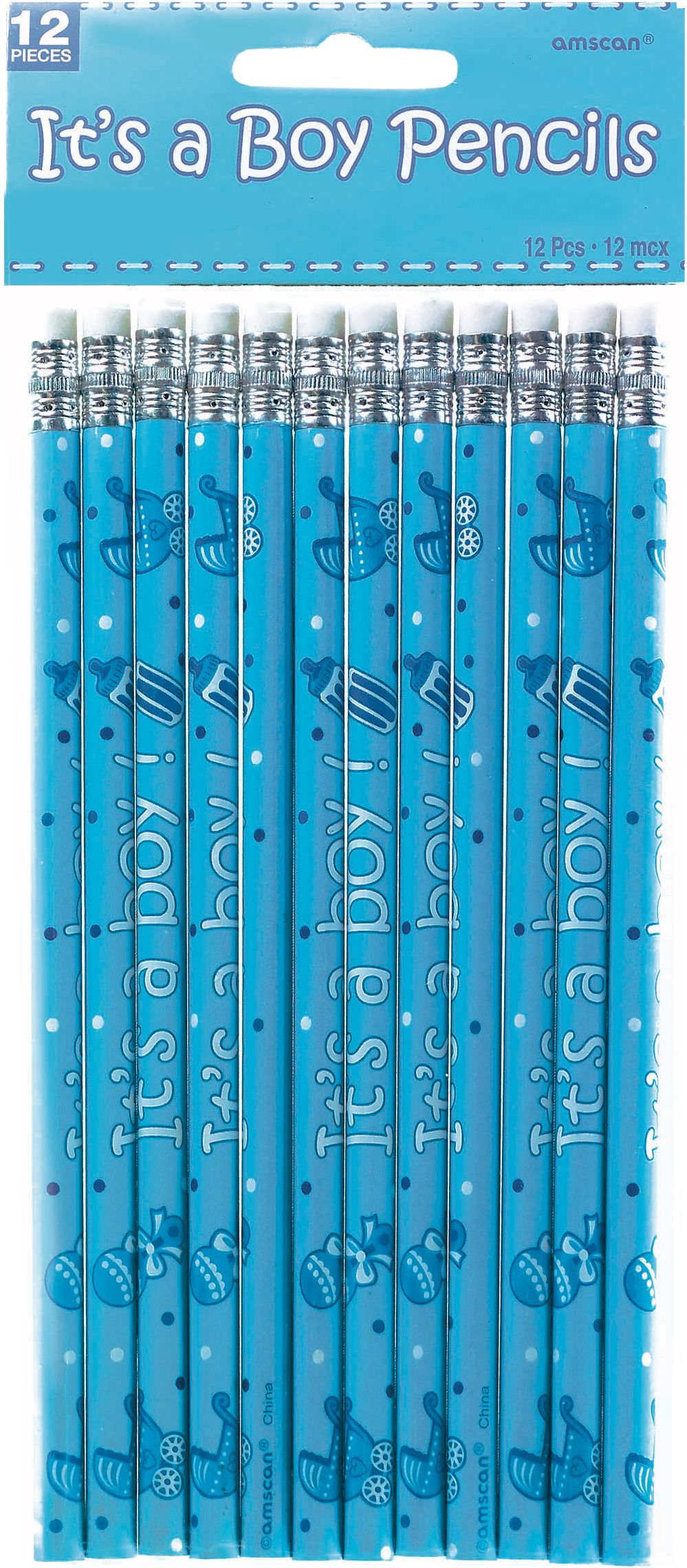 "It's a Boy" Writing Pencils, Blue, 12-pk, for Baby Shower/Gender Reveal Front_Flat