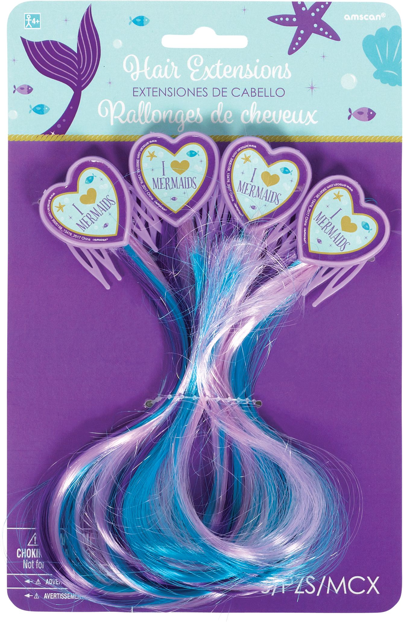 Wishful Mermaid Hair Extensions for Birthday Party Favours, Blue/Purple, 4-pk Front_Flat