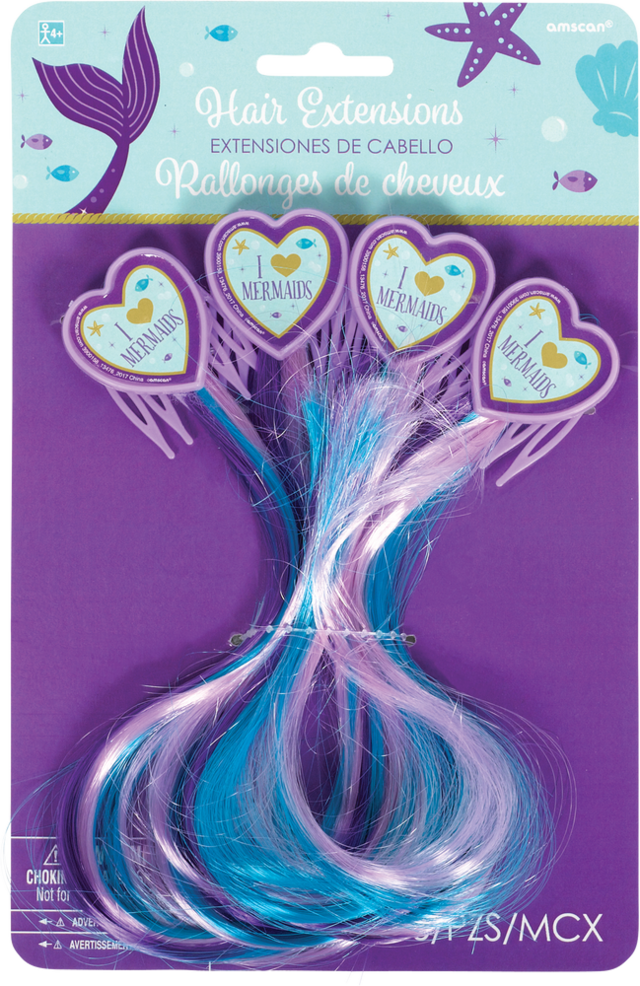 Wishful Mermaid Hair Extensions for Birthday Party Favours, Blue/Purple, 4pk Party City