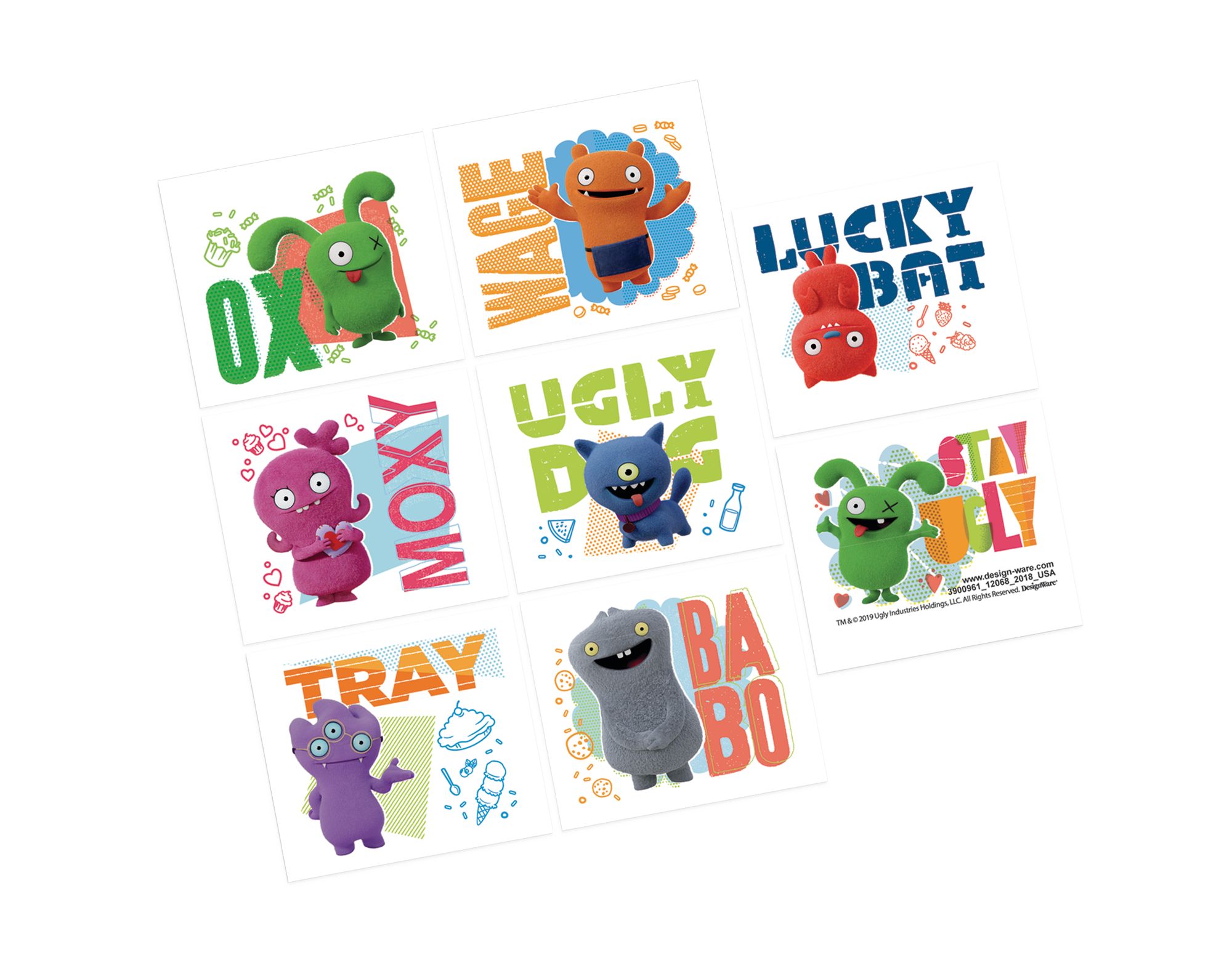 Tatouages UglyDolls pour cadeaux-surprises d'anniversaire, 1 feuille de 8 Overhead_Flat
