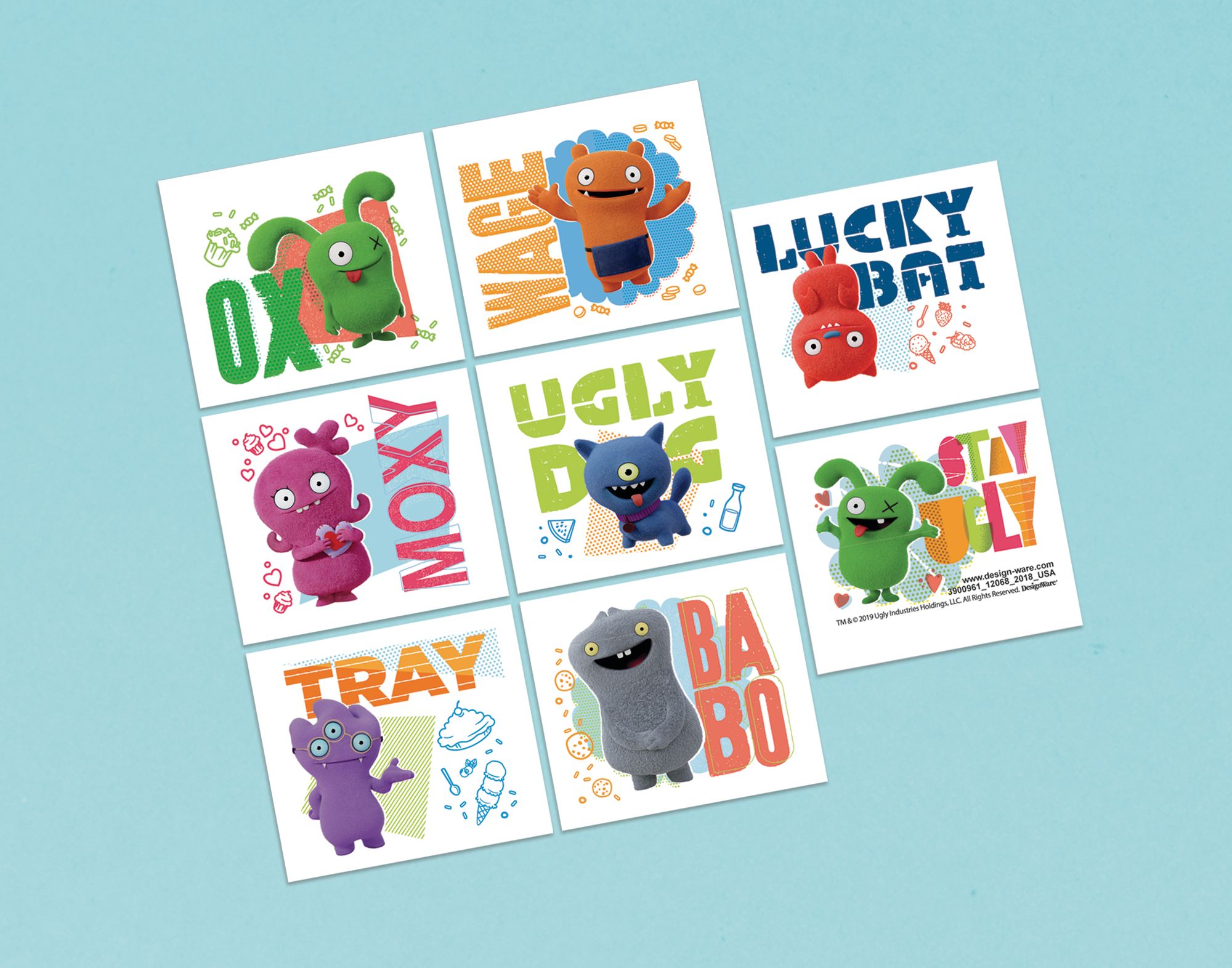 Tatouages UglyDolls pour cadeaux-surprises d'anniversaire, 1 feuille de 8 Overhead_Flat