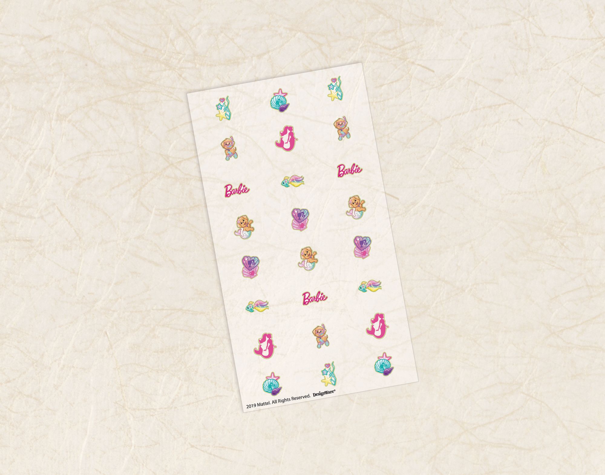 Barbie Mermaid Easy to Apply Party Favour Nail Tattoos, 4 sheets of 24 Overhead_Flat