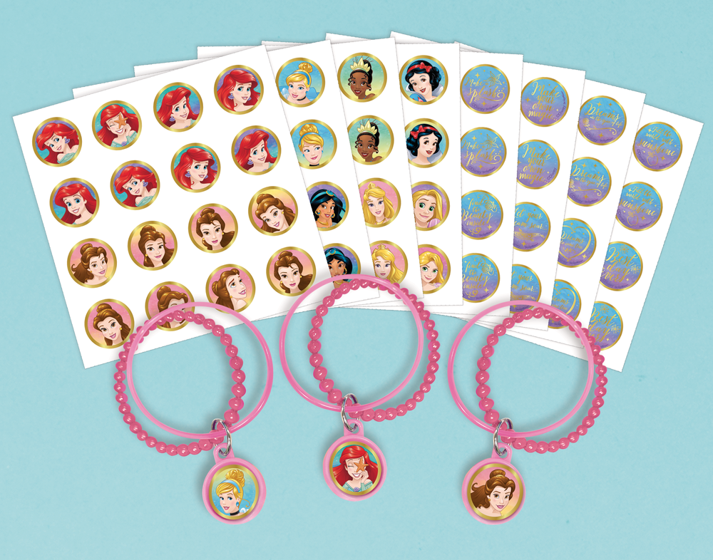 Disney Princess Once Upon A Time Ariel/Belle/Tiana/Cinderella Charm  Bracelet Wristbands with Stickers, Multi-Coloured, One Size, 8-pk, Wearable 