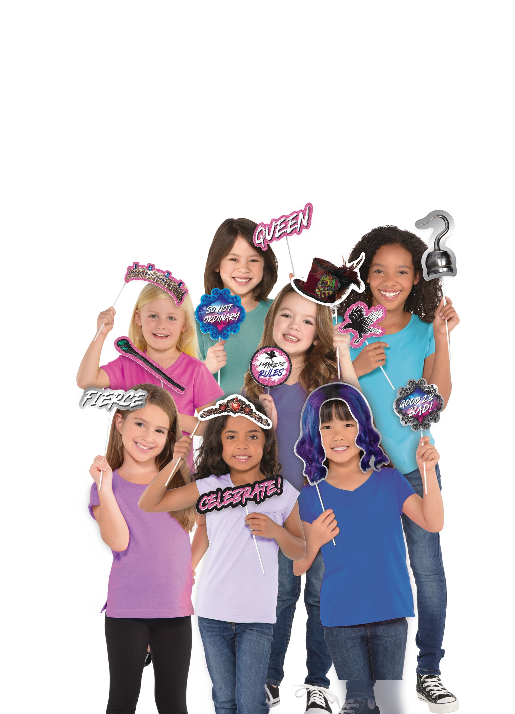Disney Descendants "Celebrate" Plastic Fringe Scene Setter Background Decoration with Photo Booth Props, Purple, 36-in, 20-pk, for Birthday Party Front_Flat