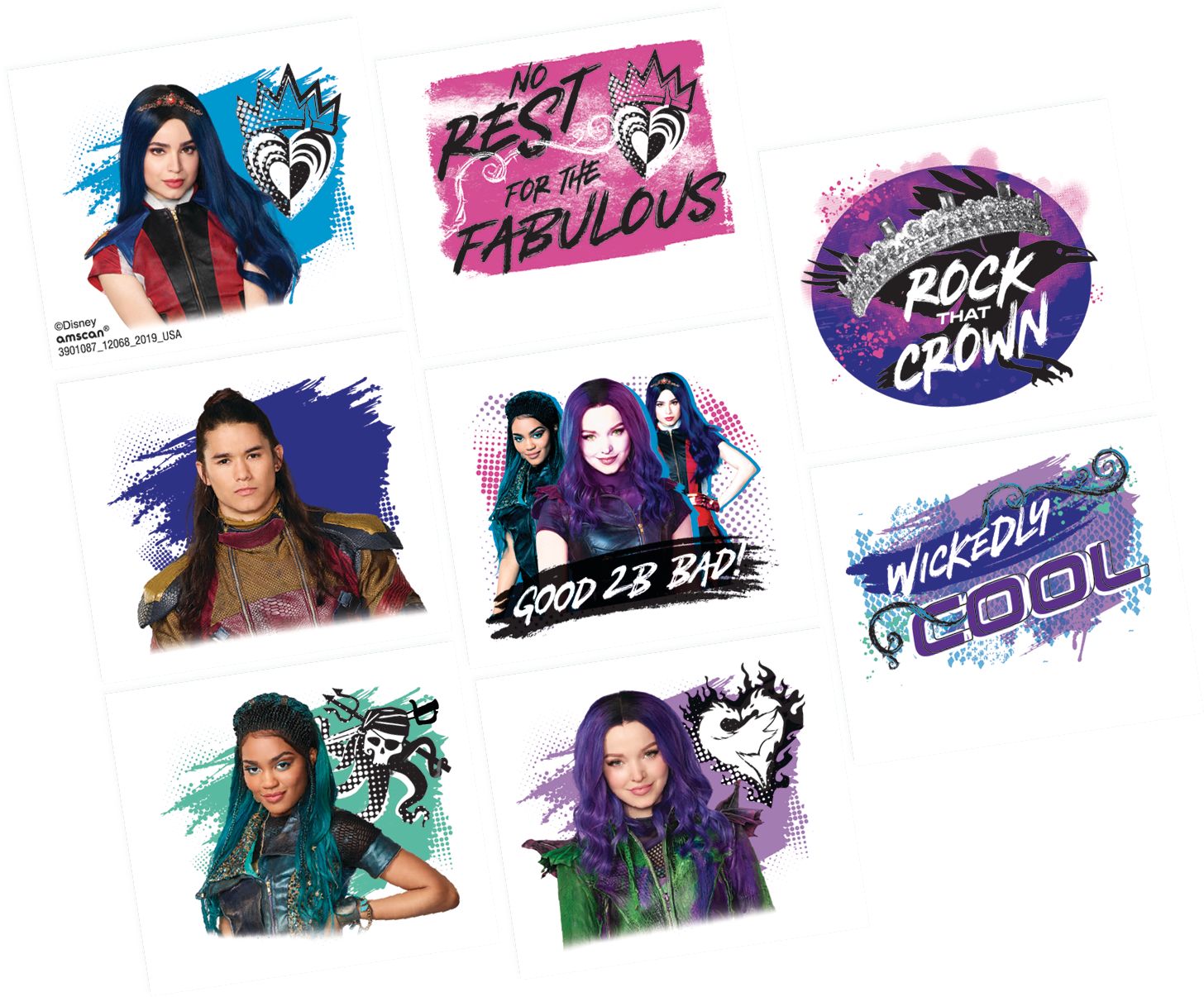Disney Descendants "No Rest for the Fabulous" Temporary Tattoos, Purple/Pink, 8-pk, Wearable Favours  for Birthdays Front_Flat