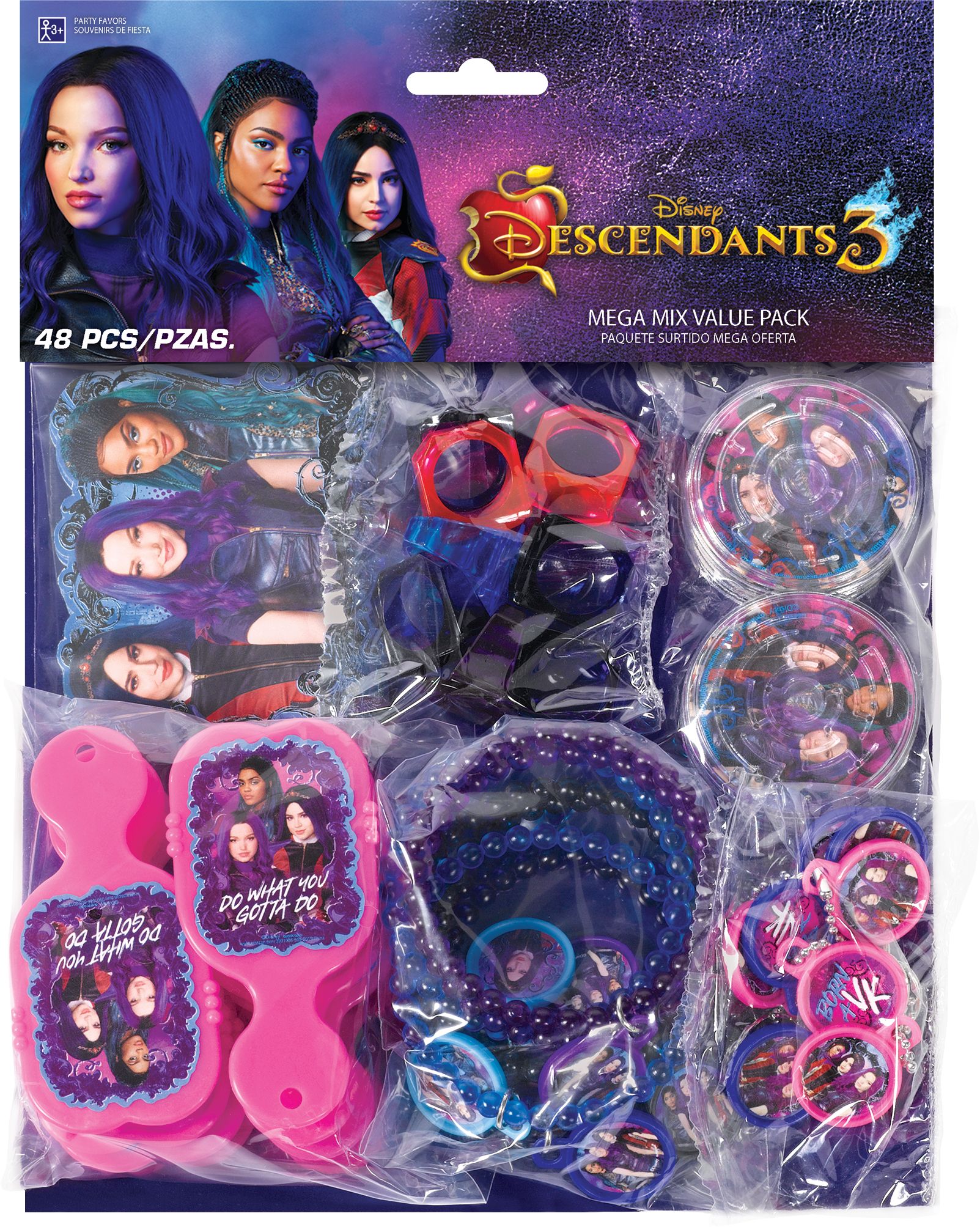 Disney Descendants Evie/Mal/Uma Mega Mix Party Favour Pack, Purple/Pink, 48-pk, for Birthday/Party Favour Front_Flat