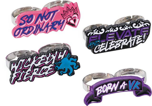 Disney Descendants "So Not Ordinary" Double Ring Jewelry, Pink/Purple, One Size, 4-pk, Wearable Favours  for Birthday Overhead_Plunge