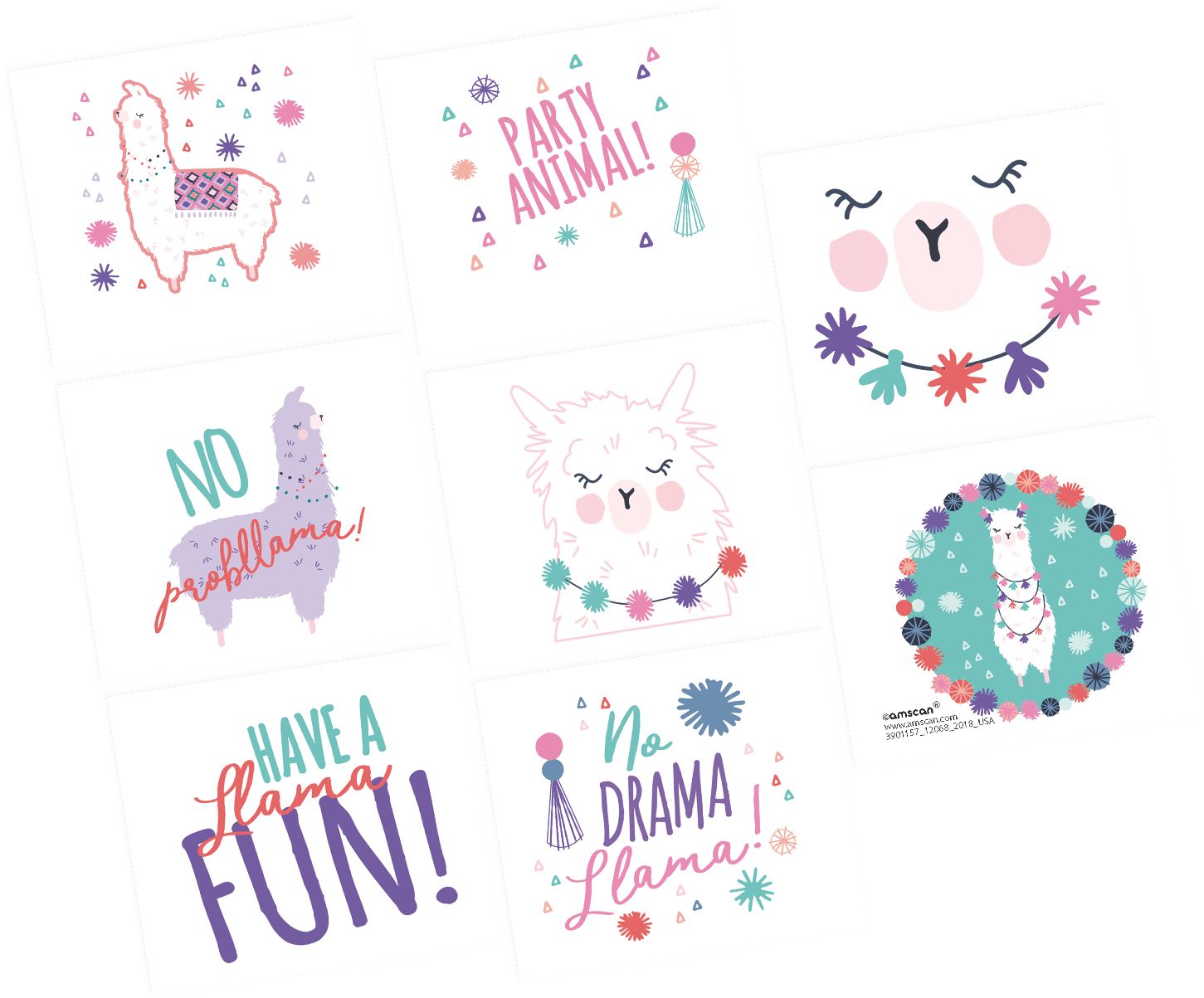 Tatouages faciles à appliquer pour cadeaux de fête, lama amusant, feuille de 8, 4 ans et plus Overhead_Flat