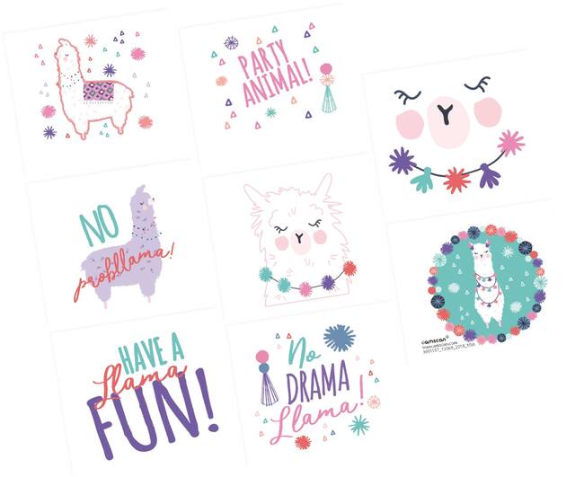 Tatouages faciles à appliquer pour cadeaux de fête, lama amusant, feuille de 8, 4 ans et plus Overhead_Flat