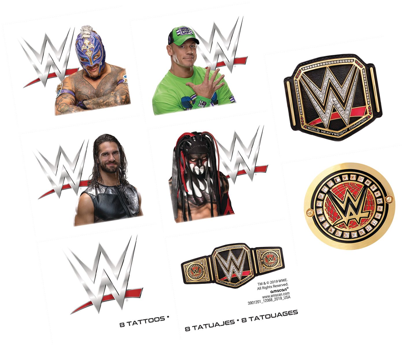 WWE Champion Easy to Apply Party Favour Tattoos, 1 Sheet of 8 Overhead_Flat