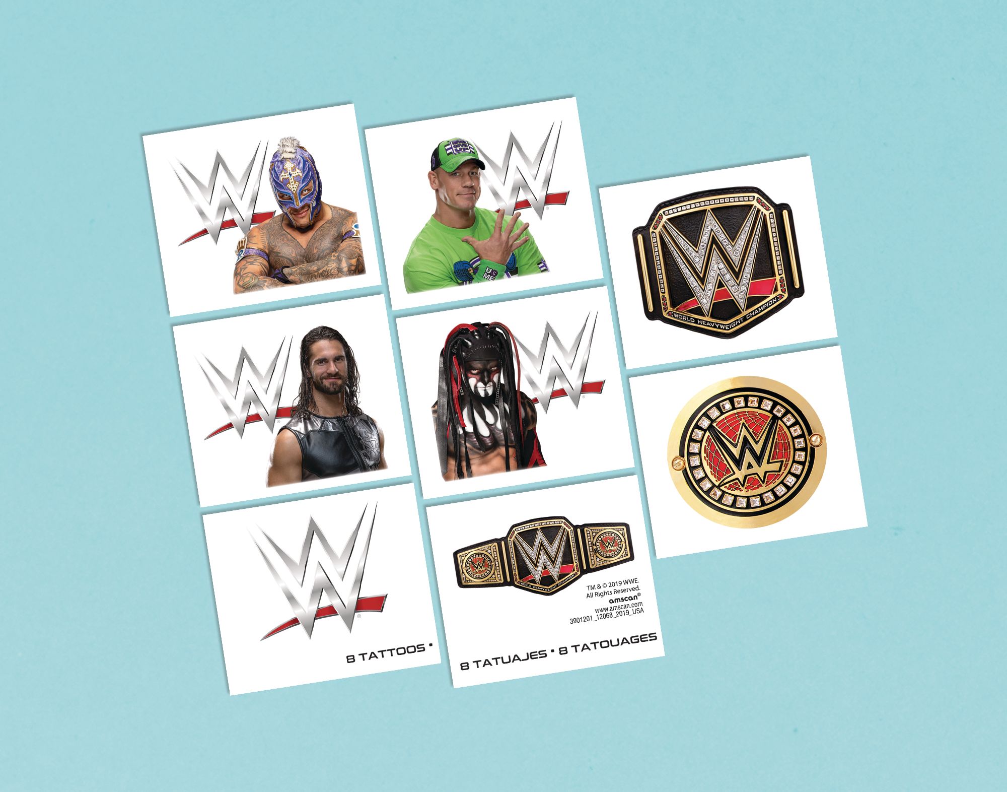 WWE Champion Easy to Apply Party Favour Tattoos, 1 Sheet of 8 Overhead_Flat
