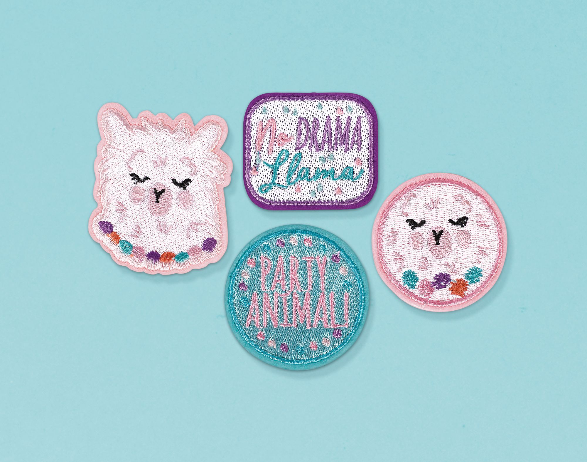 Llama Fun Fabric Patches for Birthday Party Favours, 4-pk Overhead_Flat