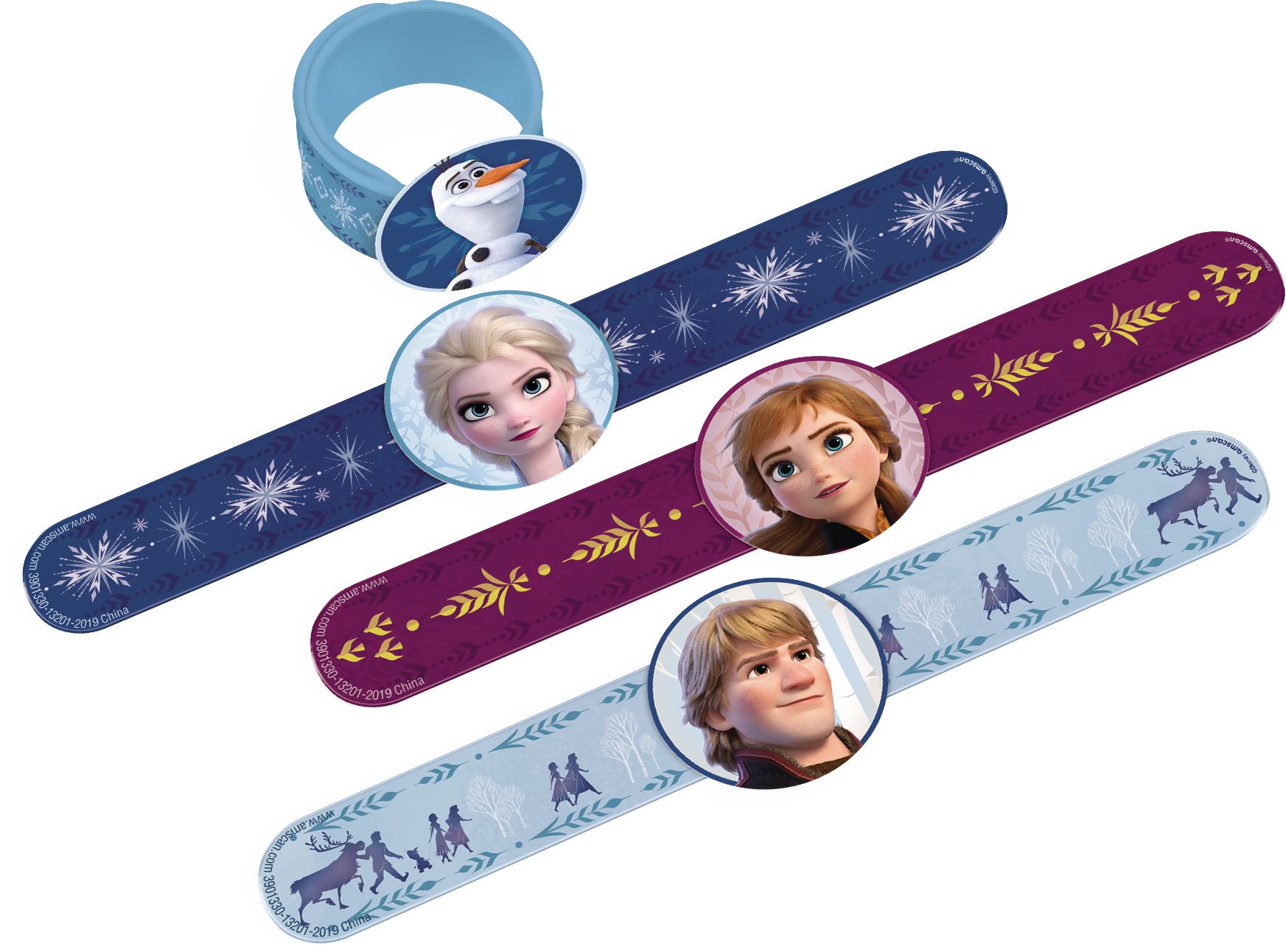 Disney Frozen Elsa/Anna/Olaf/Kristoff Slap Bracelets, Blue/Purple, One Size, 4-pk, Wearable Favours  for Birthdays Overhead_Plunge