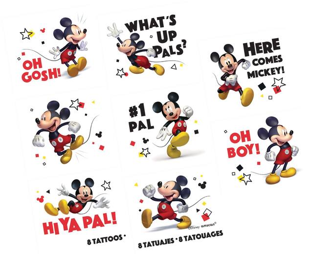 Tatouages temporaires variés What's Up Pals, Disney Mickey Mouse, rouge/noir, paq. 8, cadeaux-surprises à porter pour les anniversaires Front_Flat