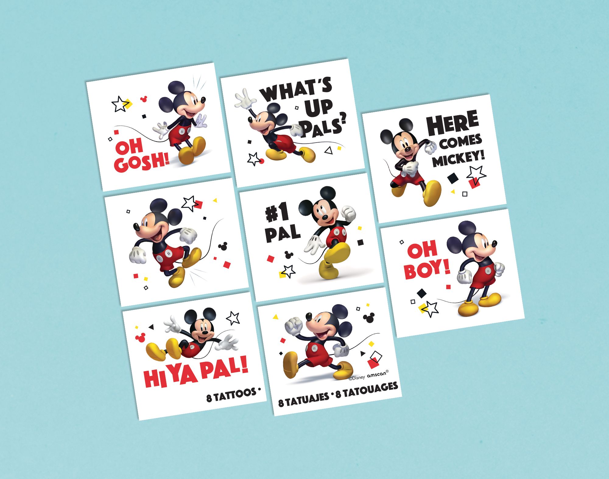 Tatouages temporaires variés What's Up Pals, Disney Mickey Mouse, rouge/noir, paq. 8, cadeaux-surprises à porter pour les anniversaires Overhead_Flat