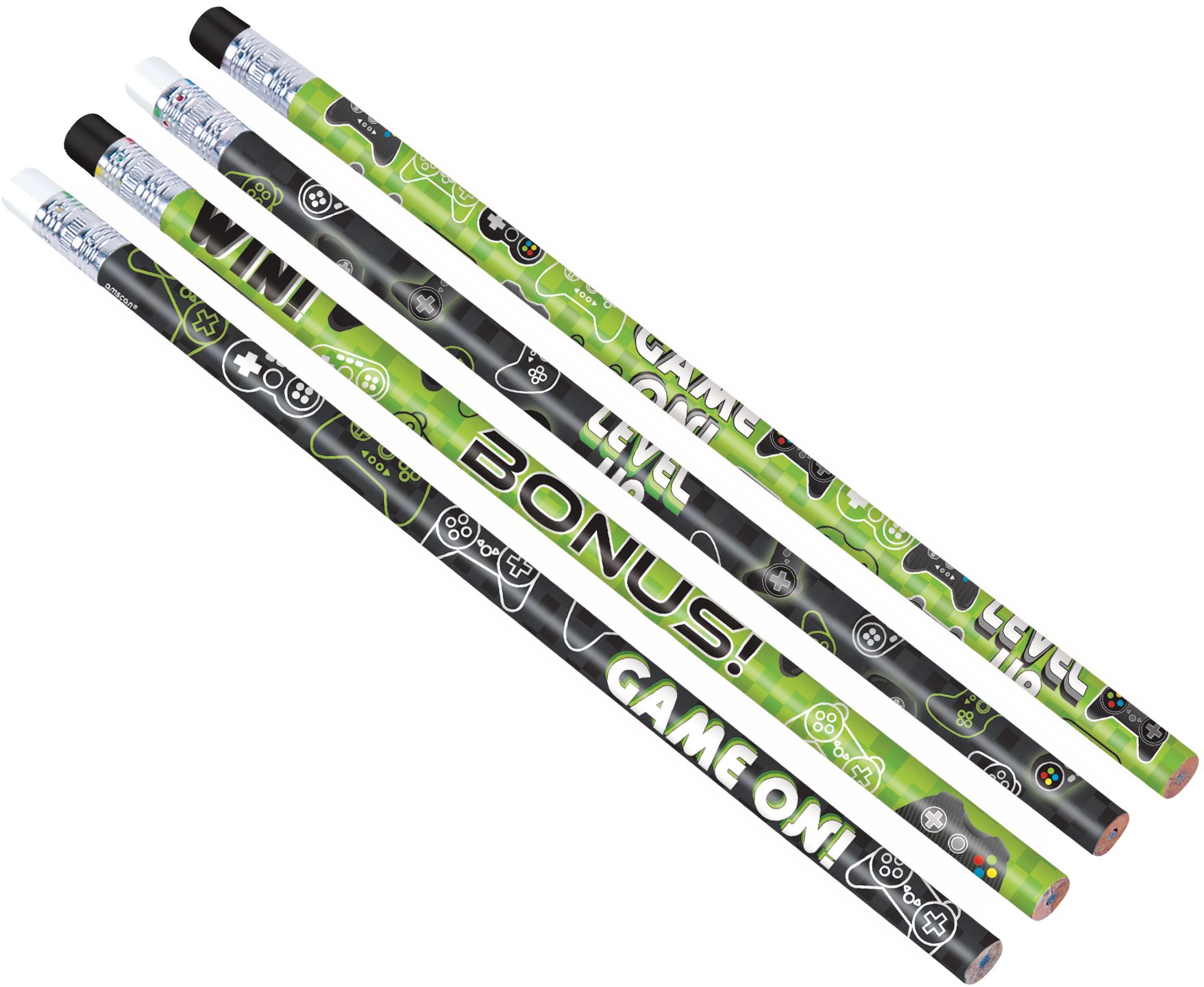 Level Up "Game On" Writing Pencils, Black/Green, 8-pk, for Arts & Crafts/Birthday Favour Overhead_Flat