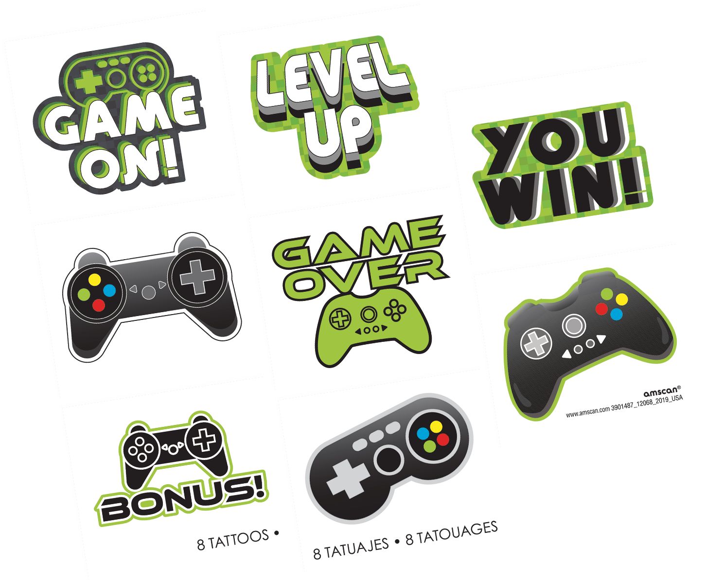 Level Up "Game On!" Temporary Tattoos, Green/Black, 8-pk, Wearable Favours  for Birthdays Front_Flat