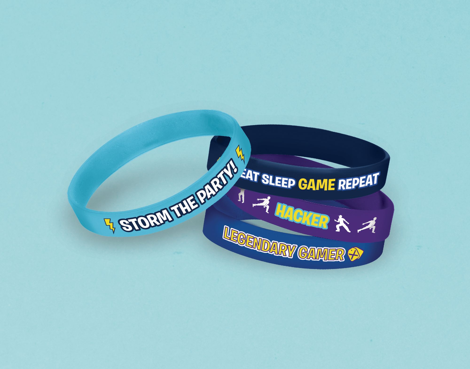 Battle Royal "Storm the Party!" Rubber Bracelet Wristbands, Blue, One Size, 4-pk, Wearable Favours  for Birthdays Front_Elevated