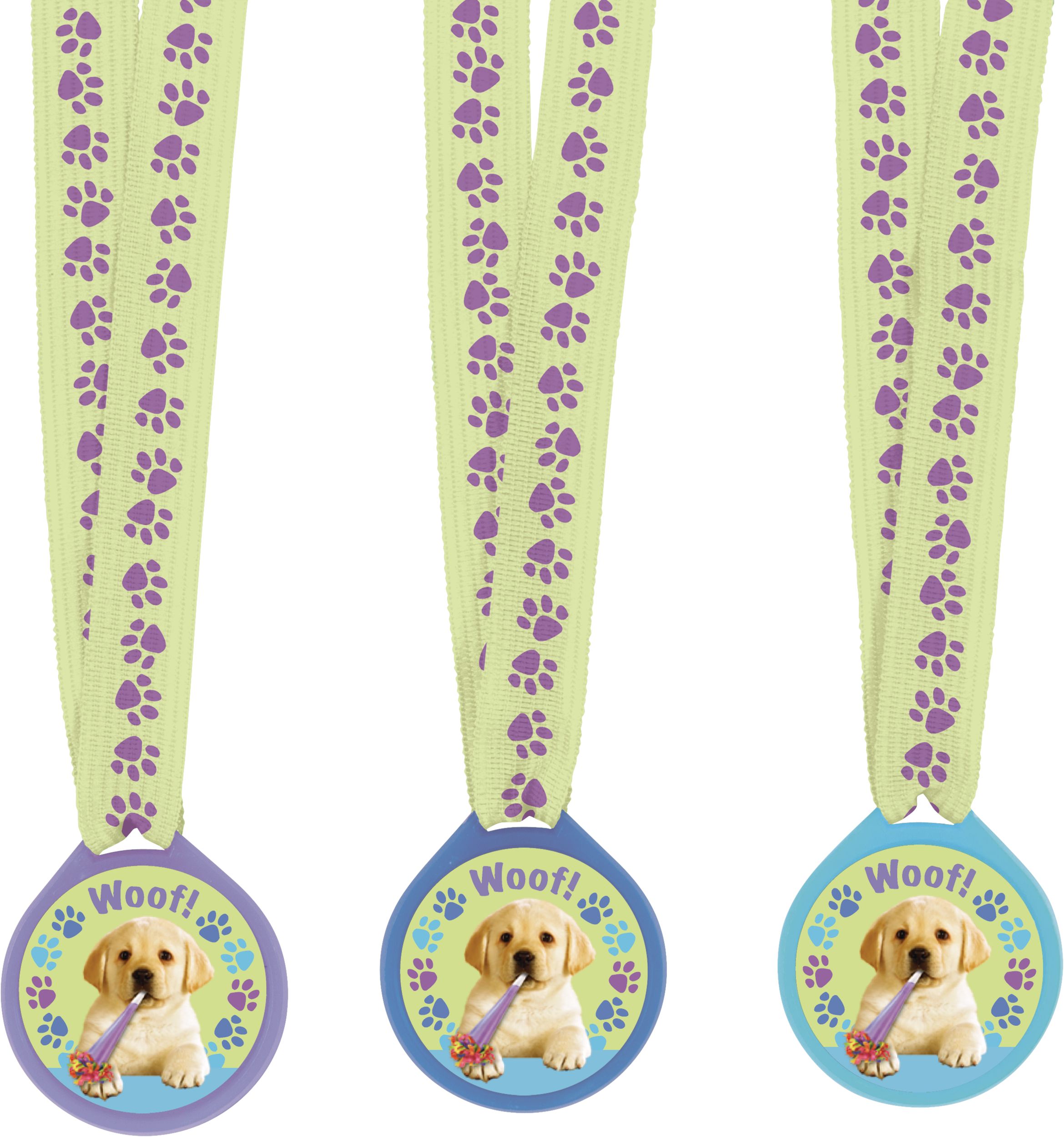 "Woof" Party Pups Award Medals, Green/Purple, One Size, 12-pk, Wearable Accessory Favours for Birthdays Front_Flat