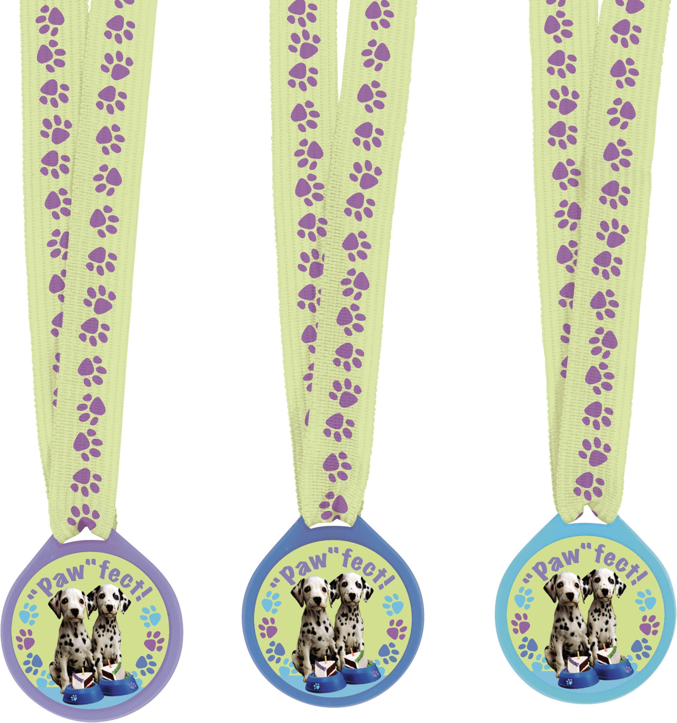 "Woof" Party Pups Award Medals, Green/Purple, One Size, 12-pk, Wearable Accessory Favours for Birthdays Front_Flat