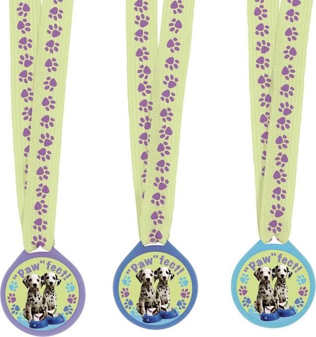 "Woof" Party Pups Award Medals, Green/Purple, One Size, 12-pk, Wearable Accessory Favours for Birthdays Front_Flat